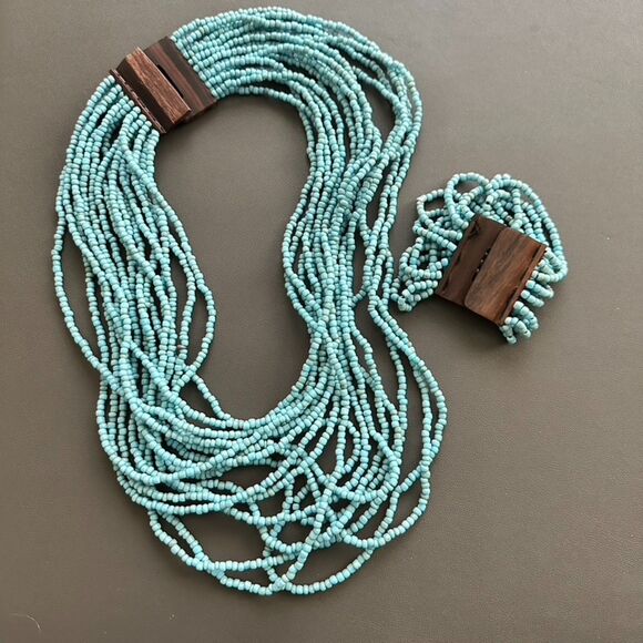 Chunky Blue Beaded Necklace & Bracelet - Wood Multi Strand - Picture 2 of 3